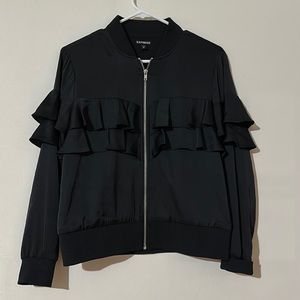 Express Black lightweight zip up jacket with ruffle. Size XS.